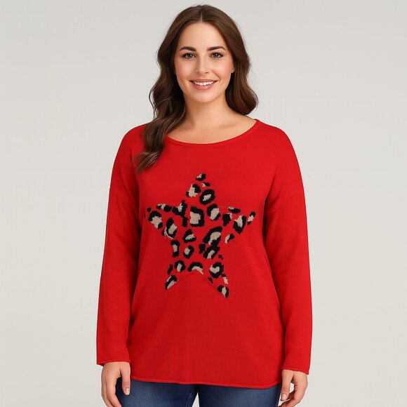 NWT Magaschoni Leopard Star Red Sweater/Cashmere Blend | Size L - Picture 1 of 12